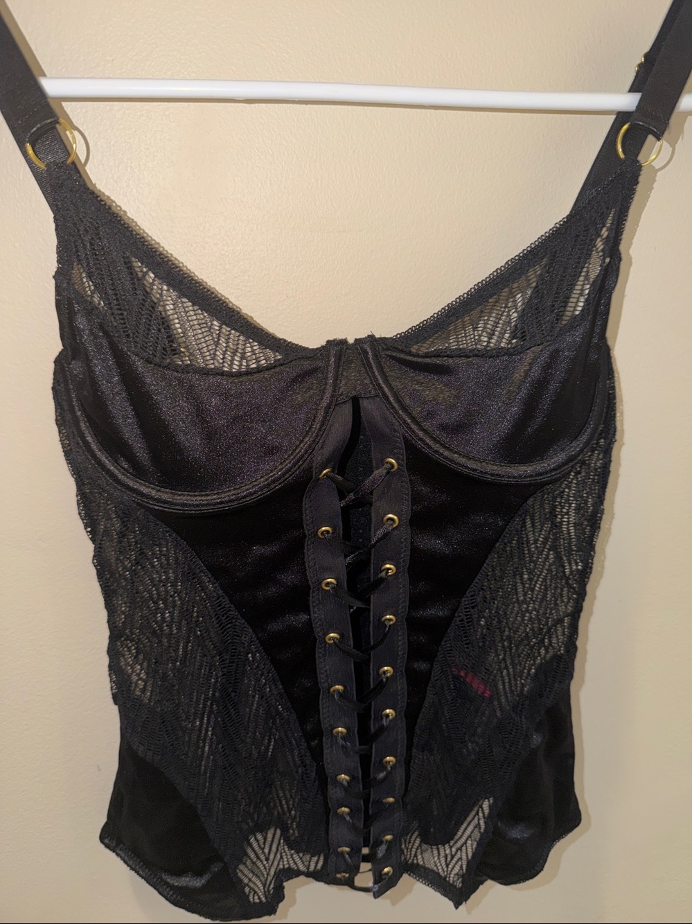 Black Lace-Up Satin and Mesh Corset Tank - Women Intimates & Sleepwear